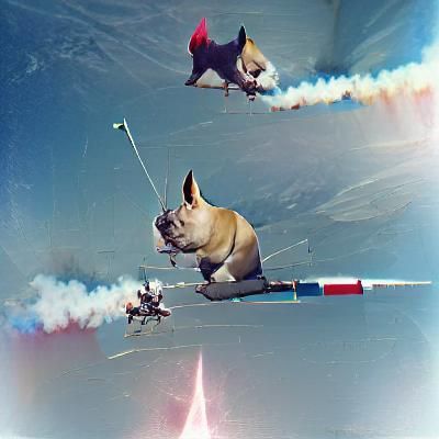 Royal French bulldogs piloting a rocket