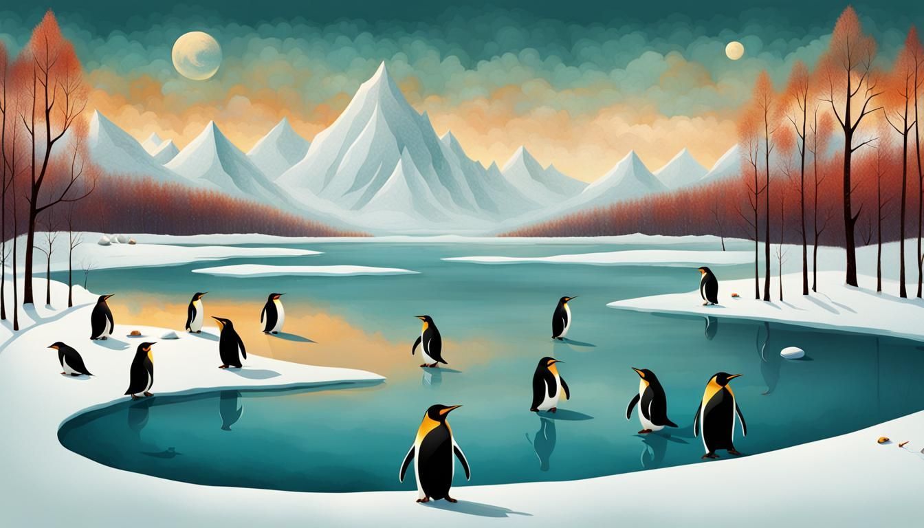 Penguins on s frozen lake, playing a game of Curling. Flat Illustration ...