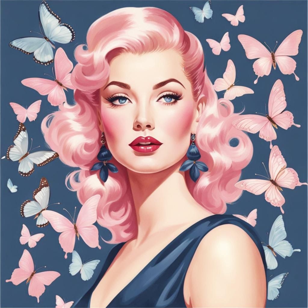 50s pin up girl with butterflies - navy blue