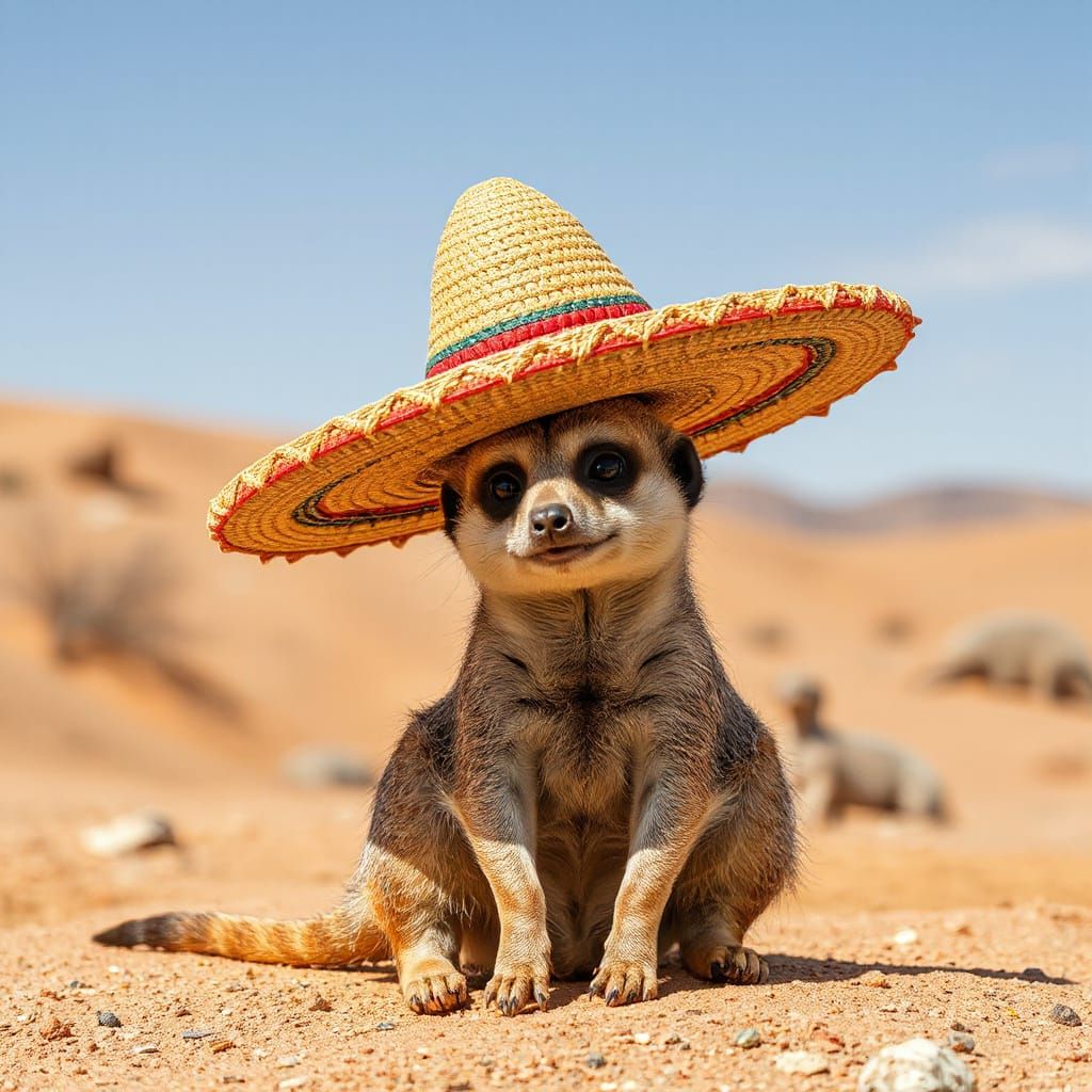 Meerkat wearing a huge Sombrero, Medium shot, Colorful, Desert  by @Murray Love