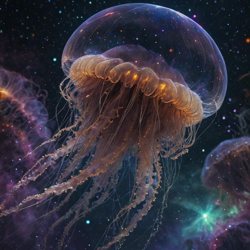 (masterpiece, astrophotography inspiration, Kirlian photograph:1.3), ethereal jellyfish-like creature, translucent body glowing with vibrant...