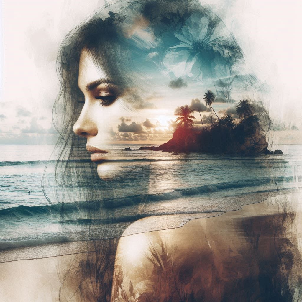 Double exposure of woman and seascape