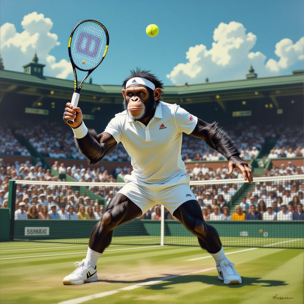 A hyperrealistic oil painting of a chimpanzee tennis player in a Wimbledon final, wearing a pristine ...  by @PeteArtwork