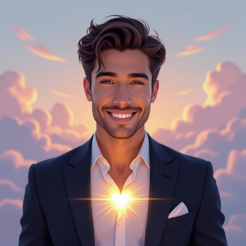 Radiant Man Symbolizing Hope in Dreamy Landscape