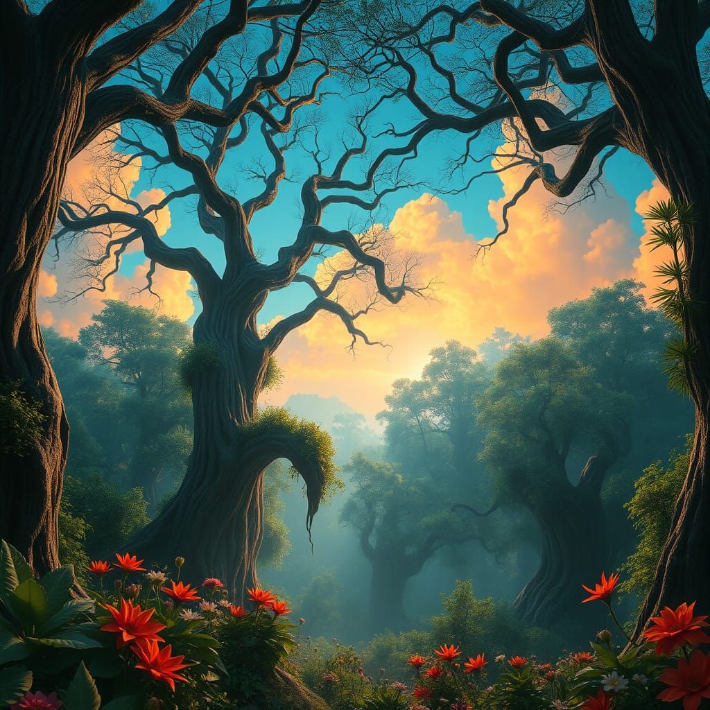 Ethereal Twilight in a Vibrant, Ancient Forest