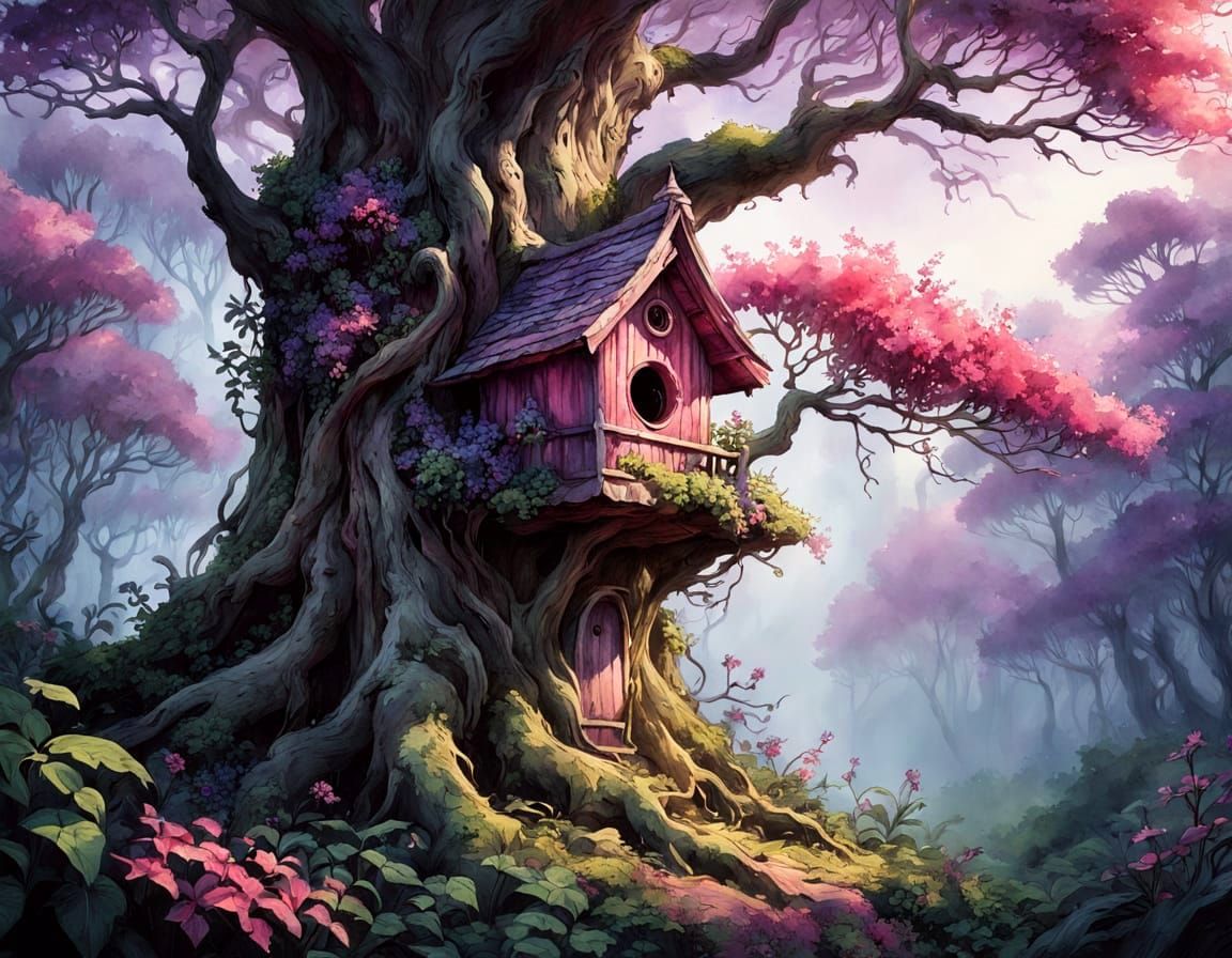 A charming birdhouse nestles in the rugged trunk of a centuries-old tree. A beautiful canary perches ...  by @Hugo Raul