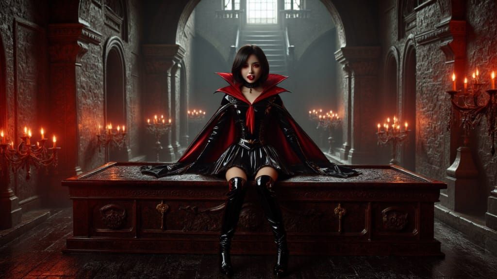 at the basement of a castle coffin open displaying new japanese female vampire arise.  she dressed in black patent leath...