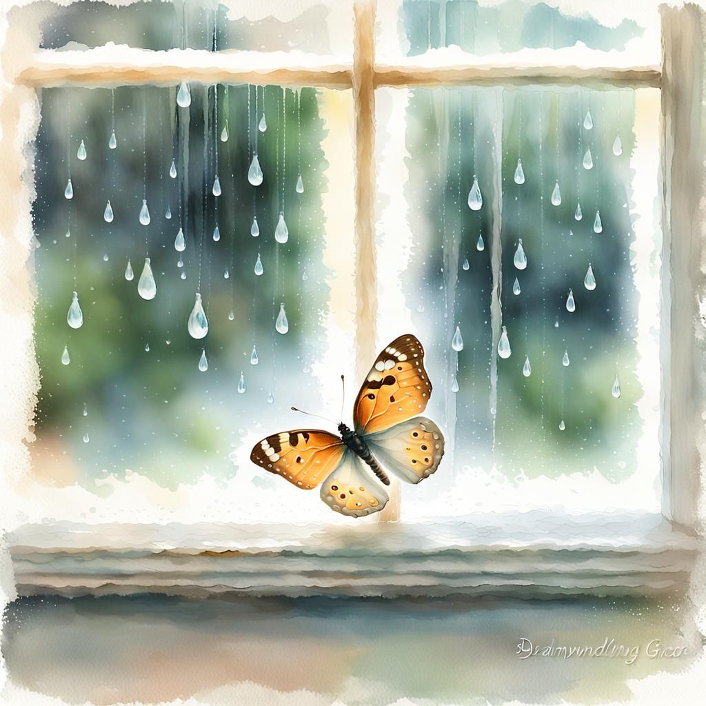 Butterfly Emerges from Raindrop: Expressionistic Watercolor