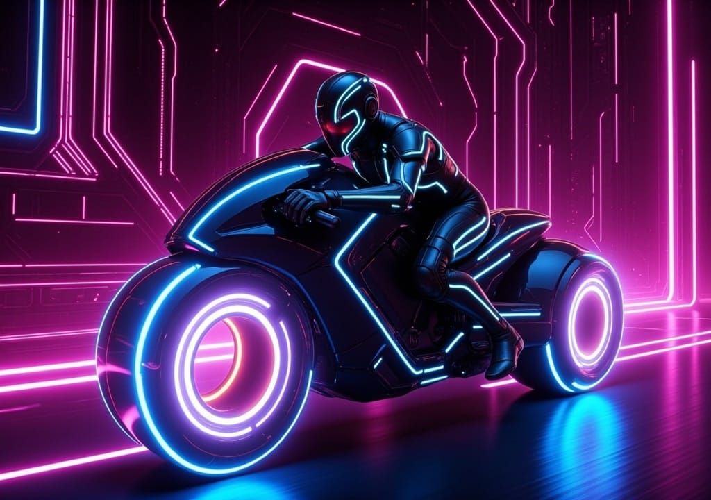 Insanely detailed screen capture from the 2010 movie "Tron: Legacy". By Joseph Kosinski :: Dylan Cole; Character riding lightcycle. 3D motor...