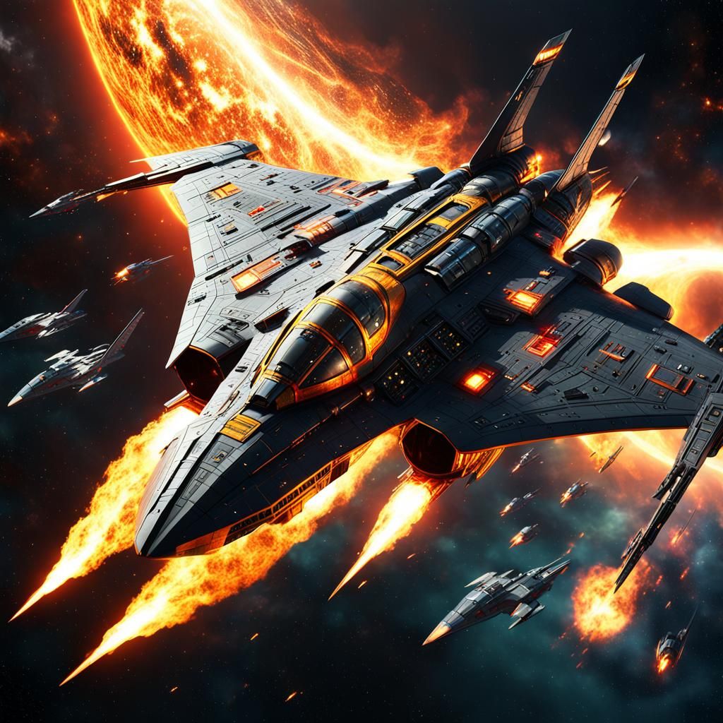 Klingon warbird spaceship, heading, towards, Sun, space, fie...