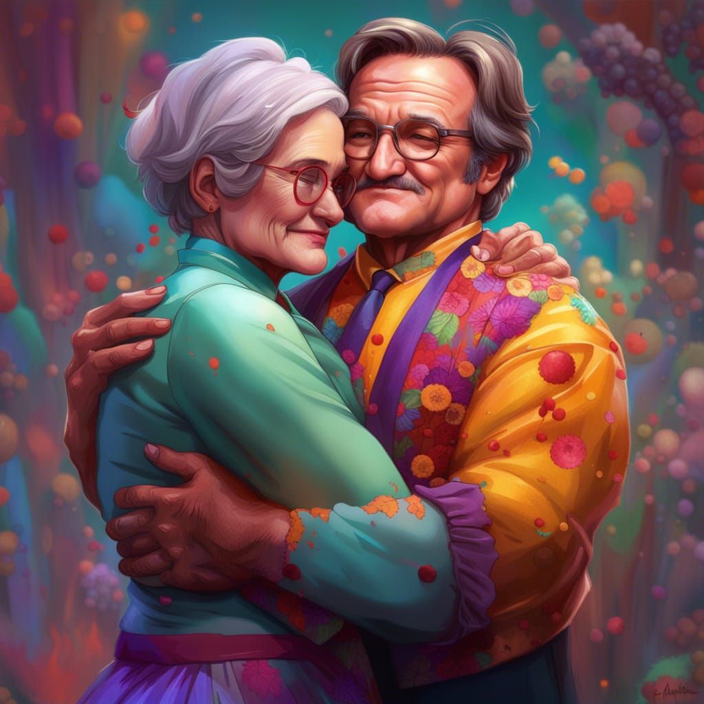 Mrs. Doubtfire and Robin Williams hugging  by @Bigmac90210