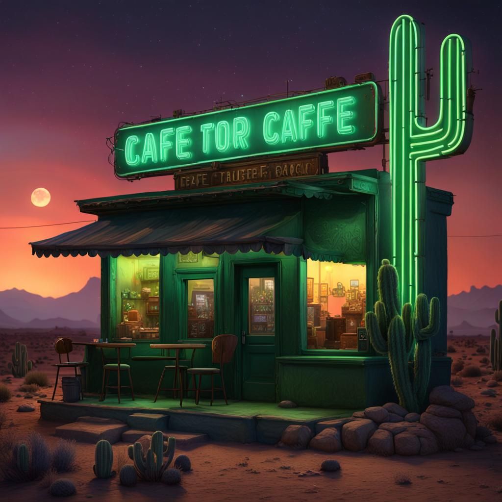 An old run down cafe by the road in the desert at night has ...