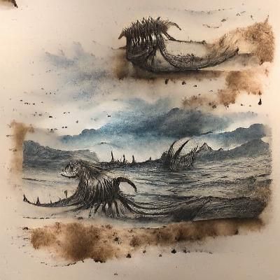 Leviathan sea monster ink and wash 8k