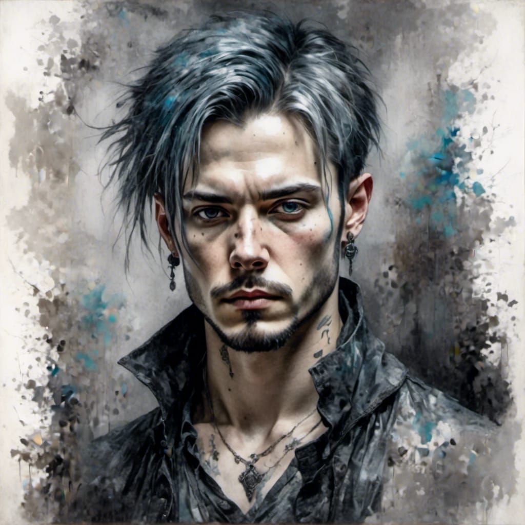 <lora:Moody silver:1.0> Portrait of a man, watercolor, moody, gray silver background, poster, goth