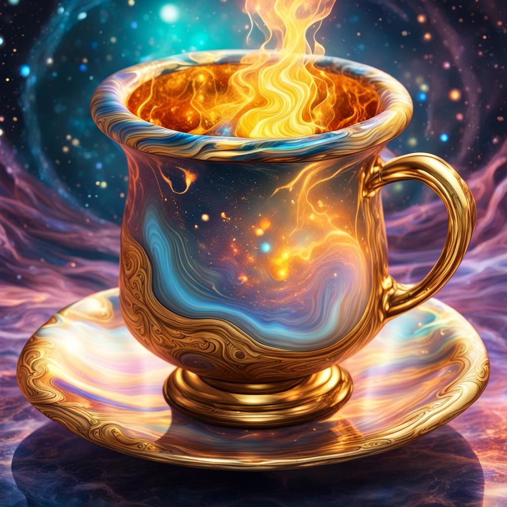 Marble teacup filled with molten, liquid gold at a tea party of gods
  by @Dorian