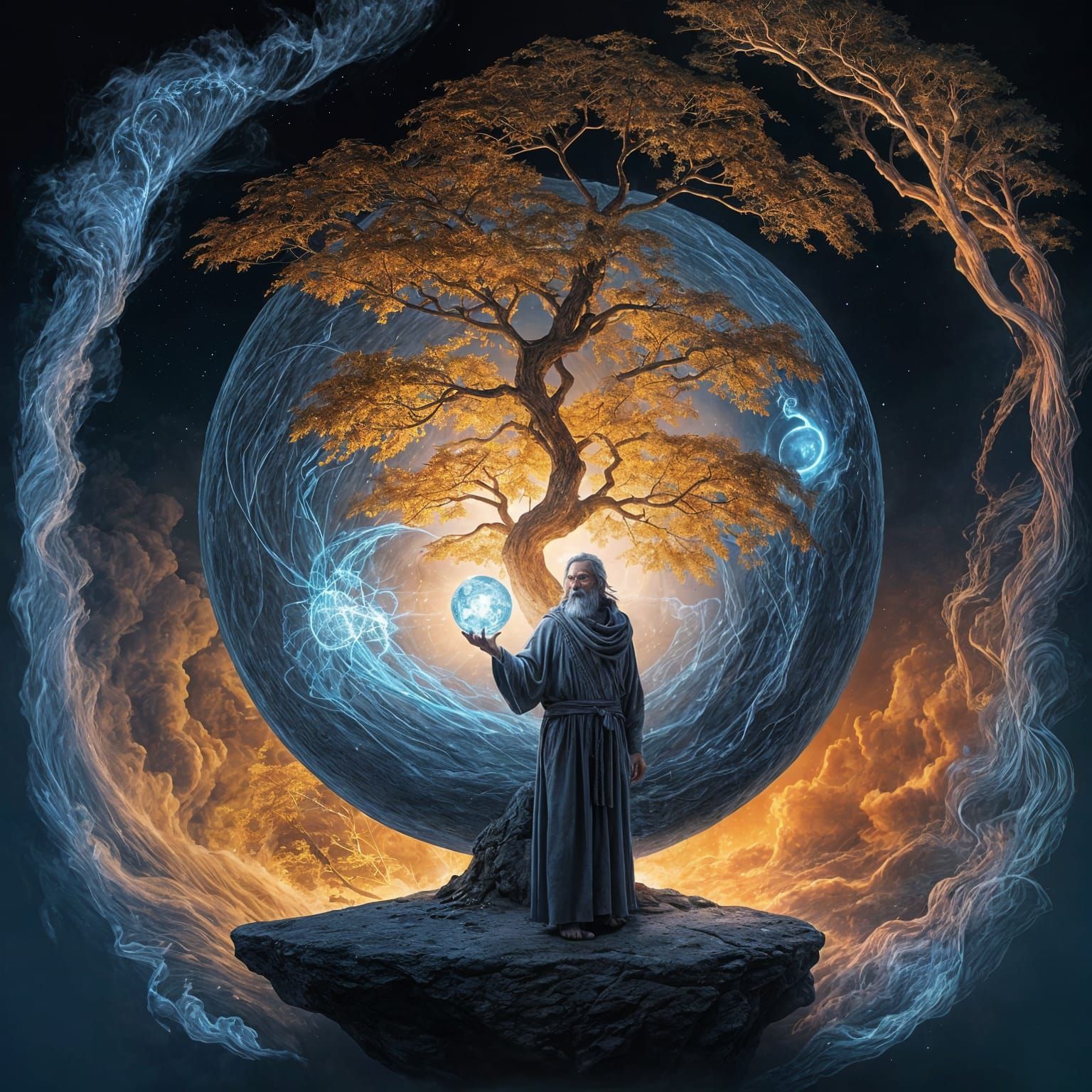 The image shows an old wise sorcerer with a long gray beard and hair, dressed in a blue robe.  He carefully ...  by @Zacharo