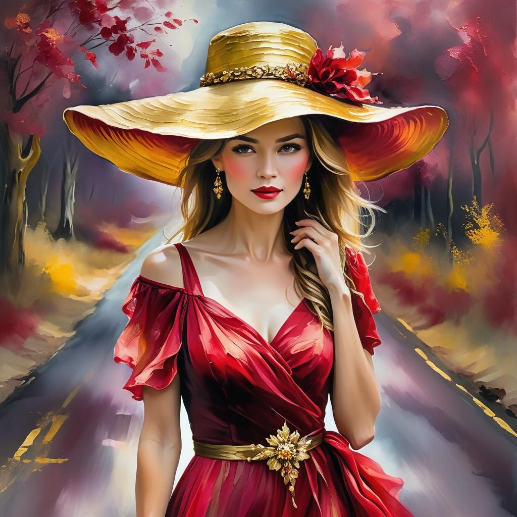Woman in Crimson Dress: Impressionist Impasto Painting