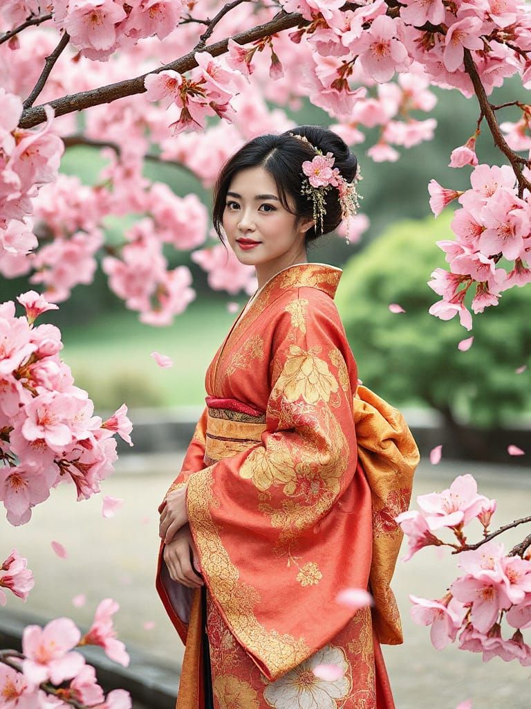 Japanese Woman in Kimono in Cherry Blossom Garden
