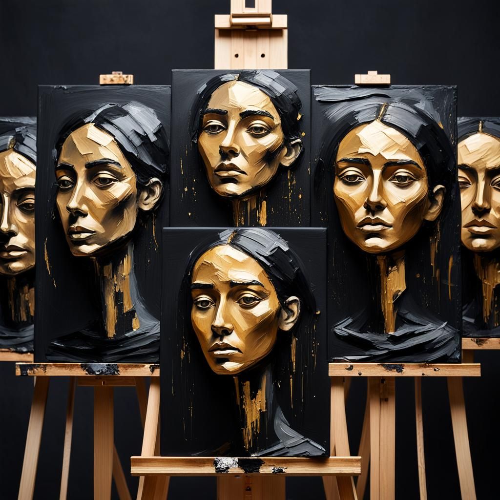 painting on an easel, a pitch black Je me souviens des mouvements hésitants de mes rêves/hold tight,professional photography deep colour, co...