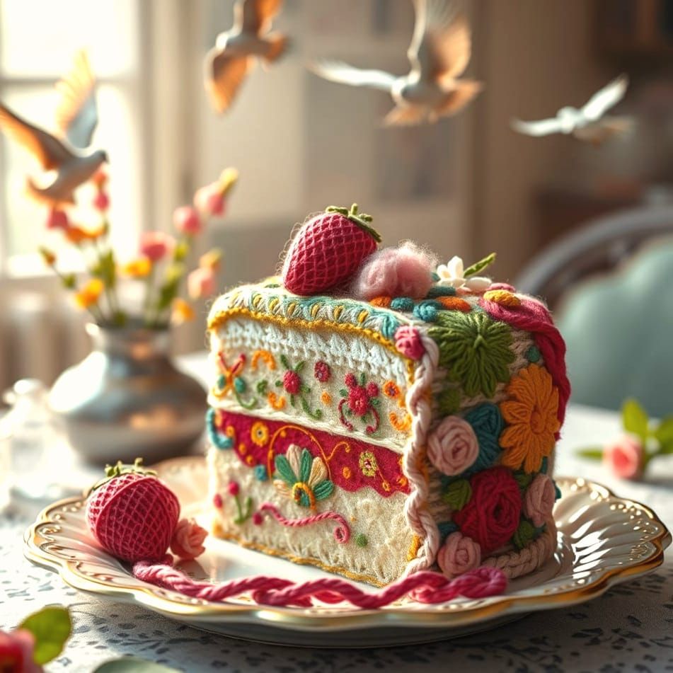 A slice of cake made of colourful yarn thread and wool.  by @Anything-Goes