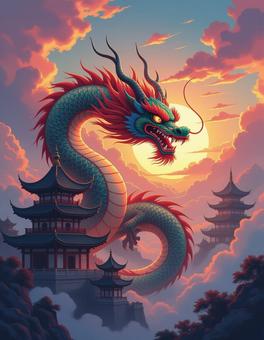 Anime artistic image of chinese dragon in sky wrapped around a pagoda silhouette dramatic