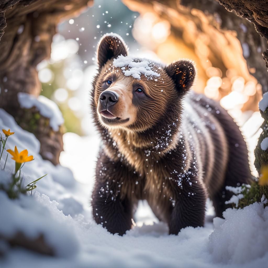 Bear cub coming out of the cave after hibernation into melting sparkling snow, smelling the first flower ...  by @Chernobyl Annabel Lee Milenko