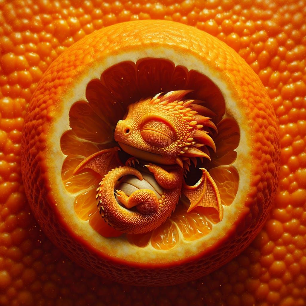 Baby Dragon Sleeping in an Orange  by @Rosie