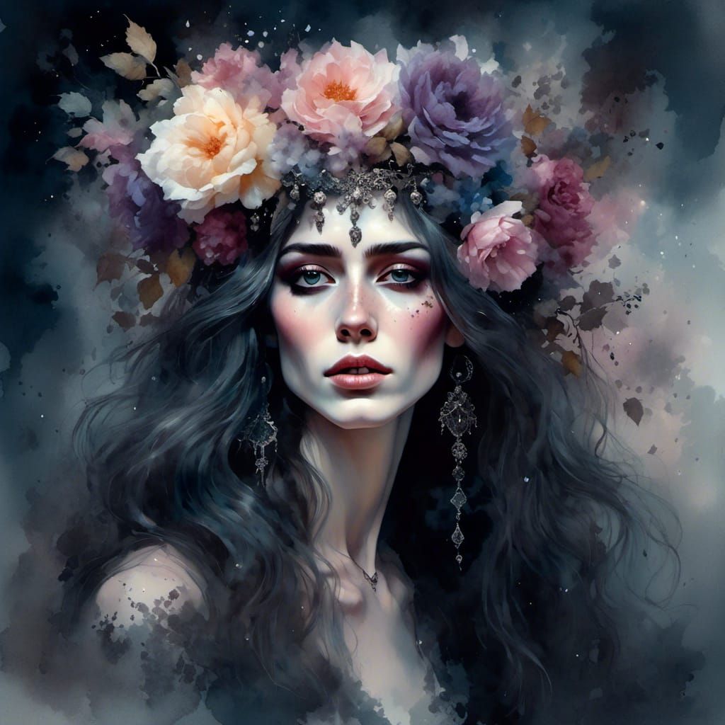<lora:People and nature:1.0> Floral goddess woman, oval soft woman's face, plump lips, woman with long hair, floral, flower crown, gothic, d...