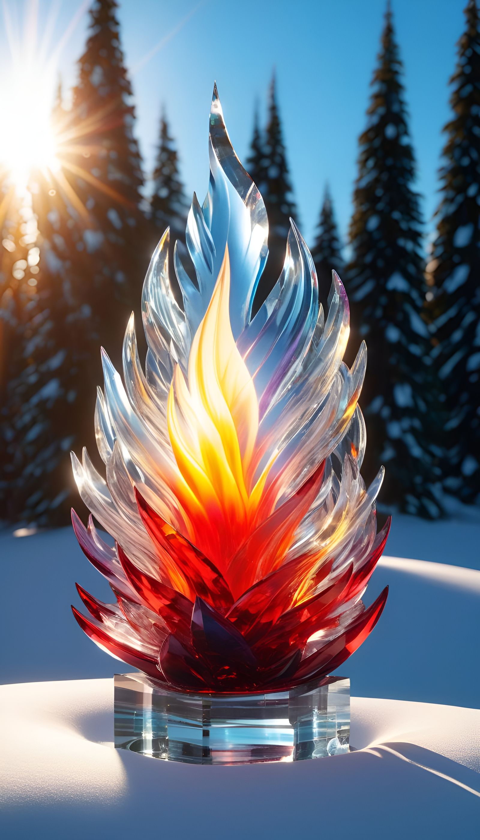 ice sculpture of a flame, red tips, sunlight, rainbow lens f...