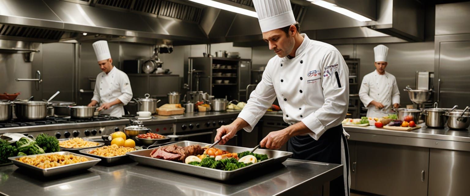 an elite executive large kitchen high end in a very upscale up market hotel kitchen, best modern expensive equipment, steel work surfaces, e...