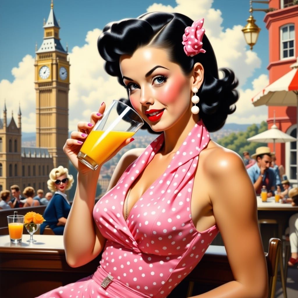 <lora:PinupFlux:1.0> Full body portrait, pretty woman in pin up style, retro, vintage,50s, pink dress with pattern dots, black hair, drinkin...