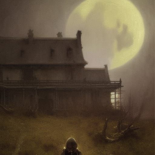 A white specter coming out of a Haunted house under the full...