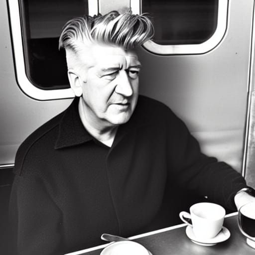 david lynch having hot coffee and a piece of pie in the fun work train ...