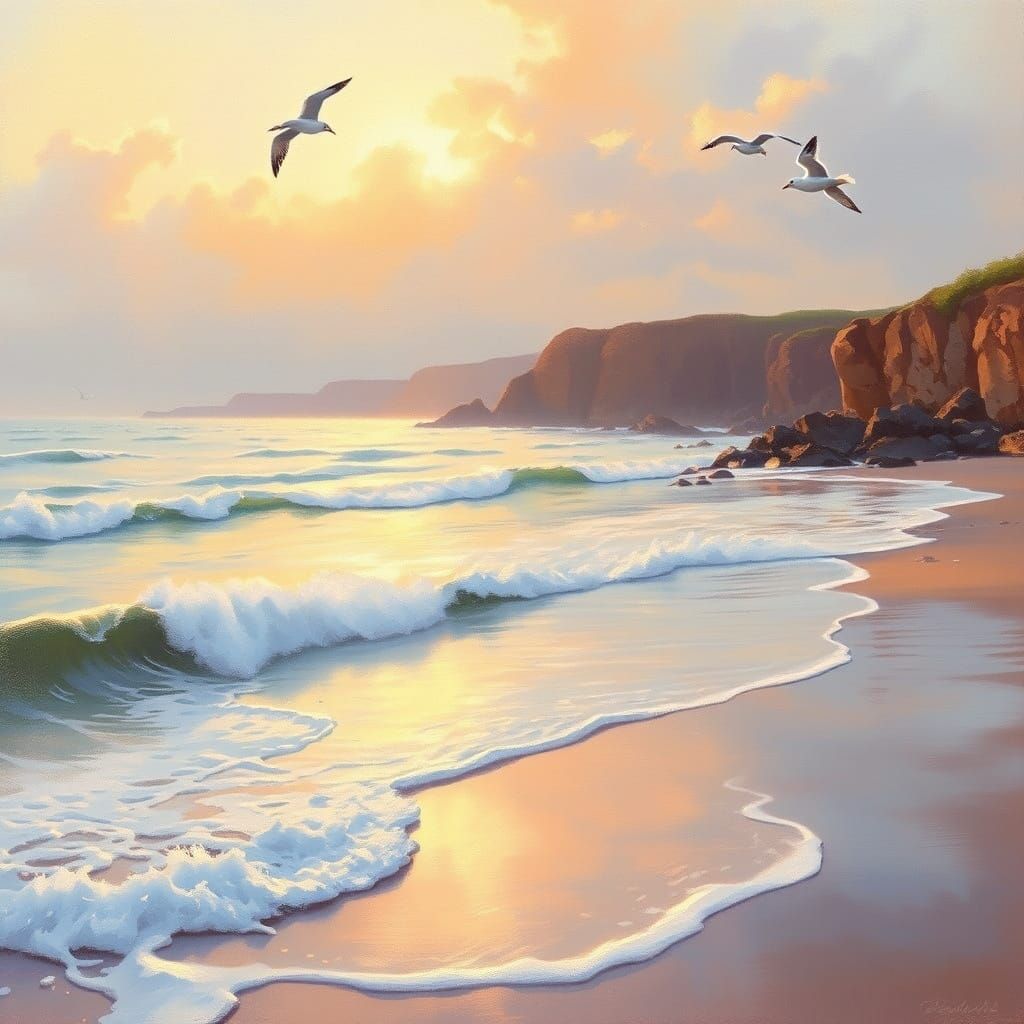 Warm Seaside Scene with Gently Lapping Waves and Seagulls So...