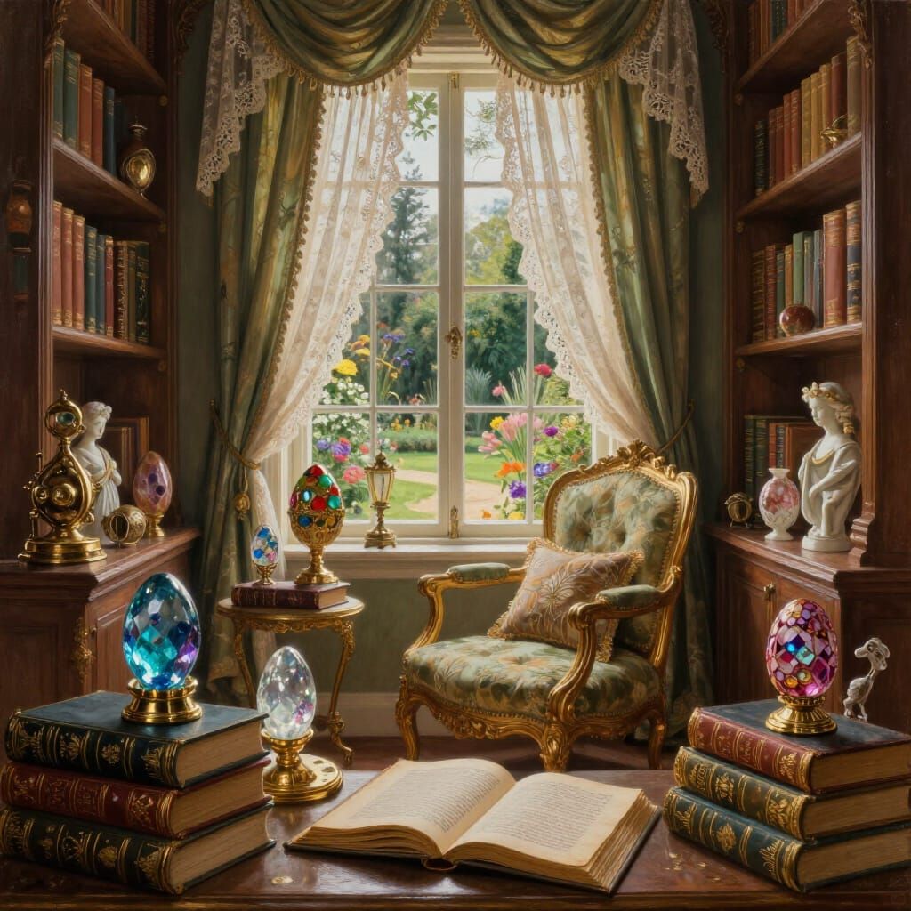 A rich, decadent, wcolourful, eccentric, regal, library nook, with embellished gold-leafed books, strange ...  by @DW