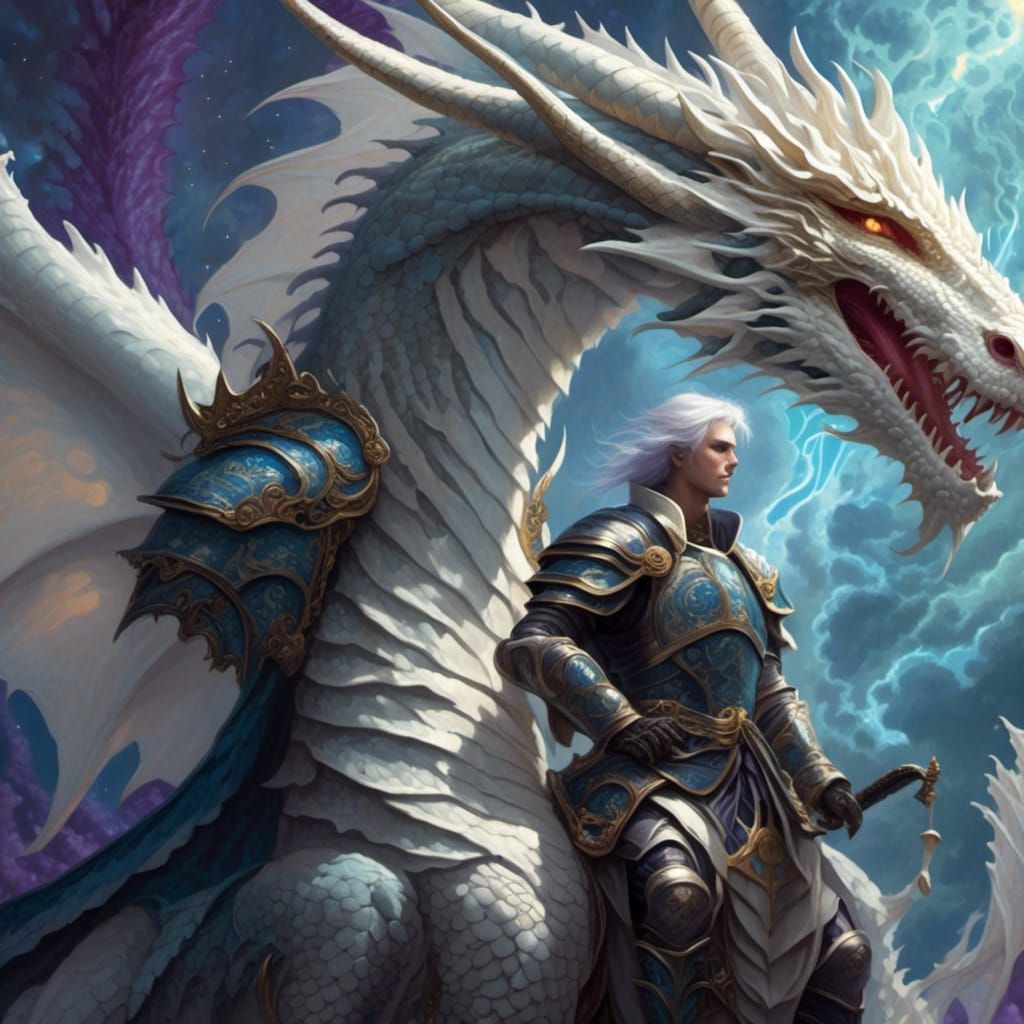 <lora:Romantic dragon:1.0> a close up of a painting of a person on a horse, white ghosthulk, creating an ominous presence, the suns light is...