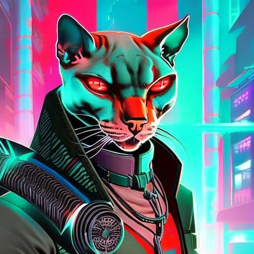 furry anthropomorphic male sphynx cat, cyberpunk, blade runner ...