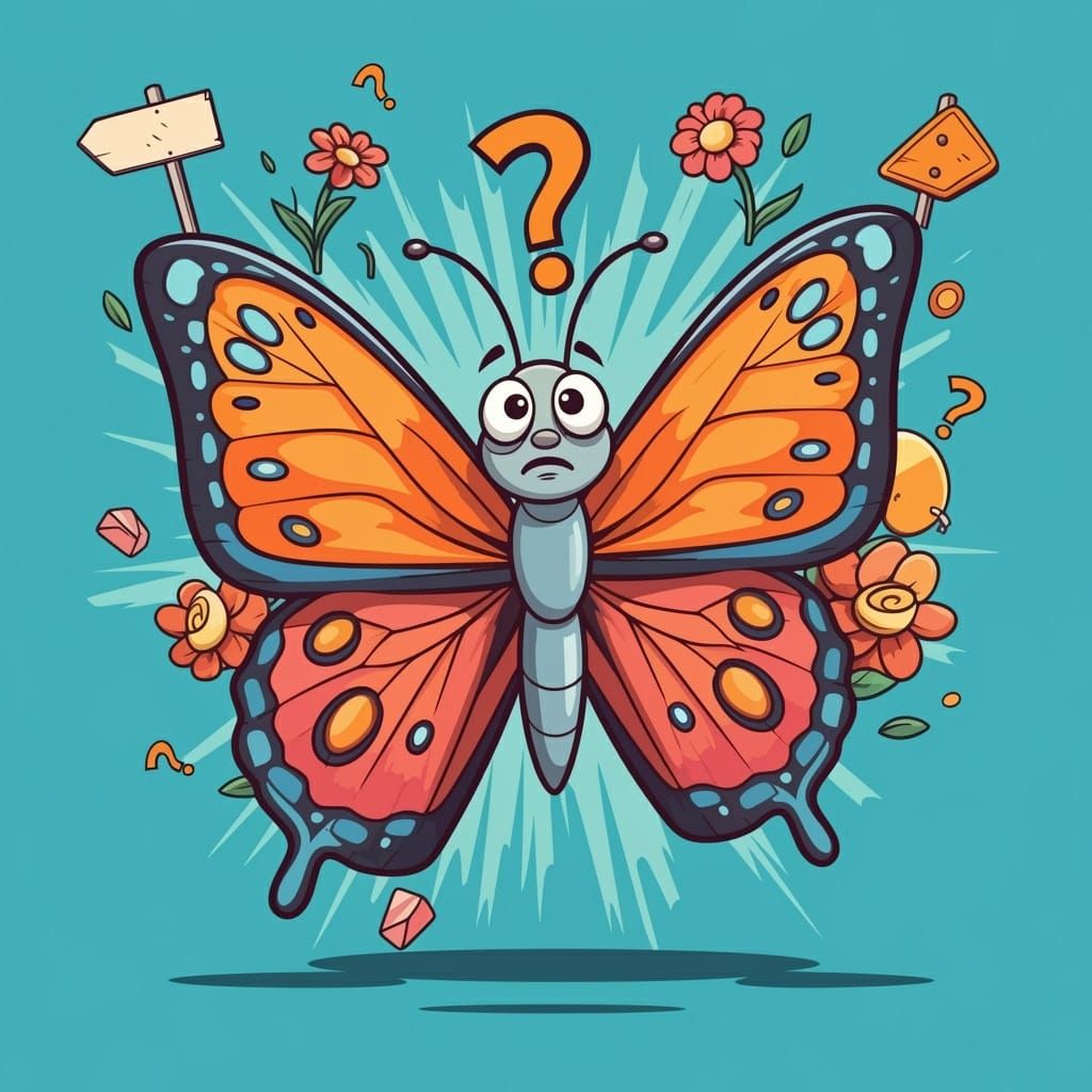 Puzzled Cartoon Butterfly with Confusing Surroundings