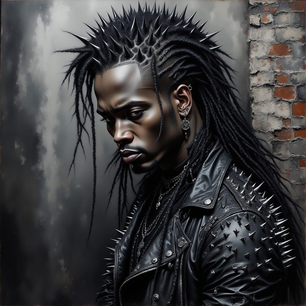 <lora:Spiked Intensity:1.0> Artistic alcohol ink oil painting of a gothic black man in spiked clothes, spikes, leather, realistic, long hair...