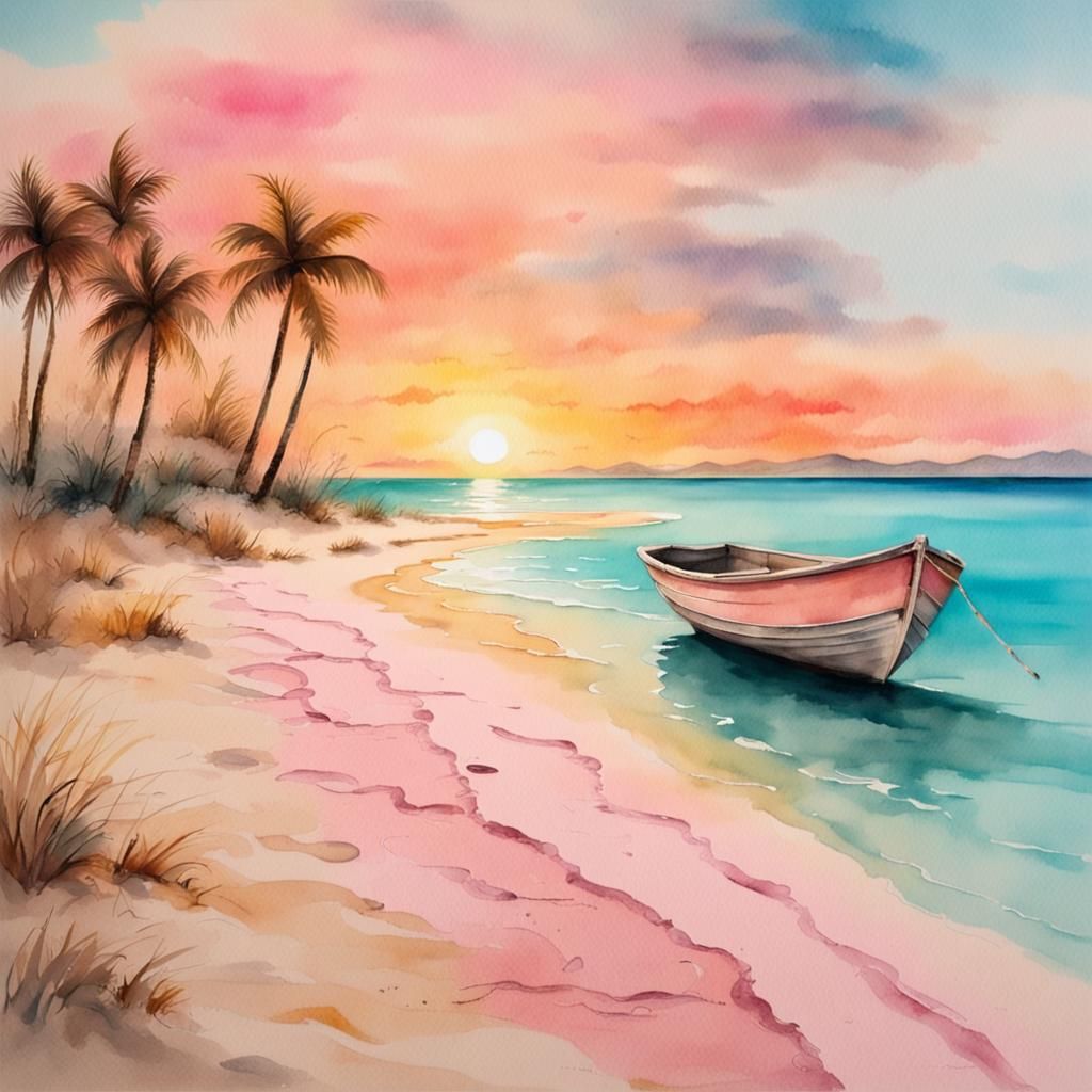 Beach, with footprints in the sand, turquoise water, small b...
