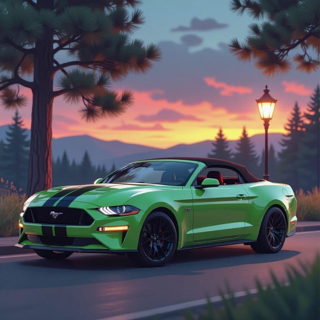 Bright green Ford Mustang GT convertible with a black soft top, black wheels, and a 5.0L V8 engine. Parked near pine trees and a vintage lam...