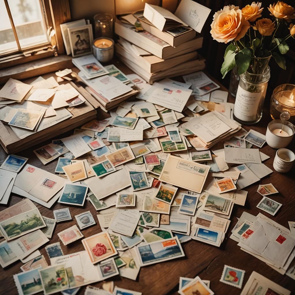 a pile of several letters and postcards on a wooden table in...