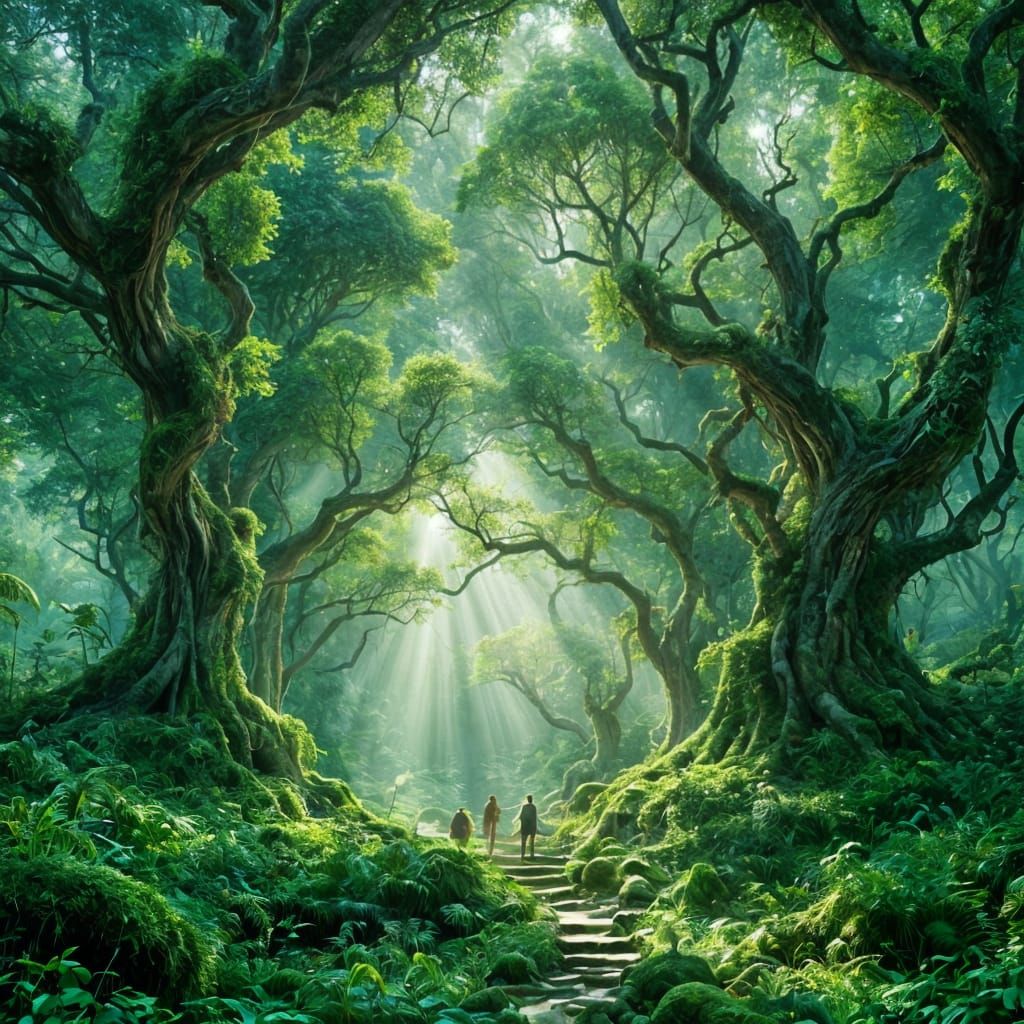 A lush, enchanted forest with towering, twisted trees reaching toward a canopy of vibrant green foliage.  by @Phantazia