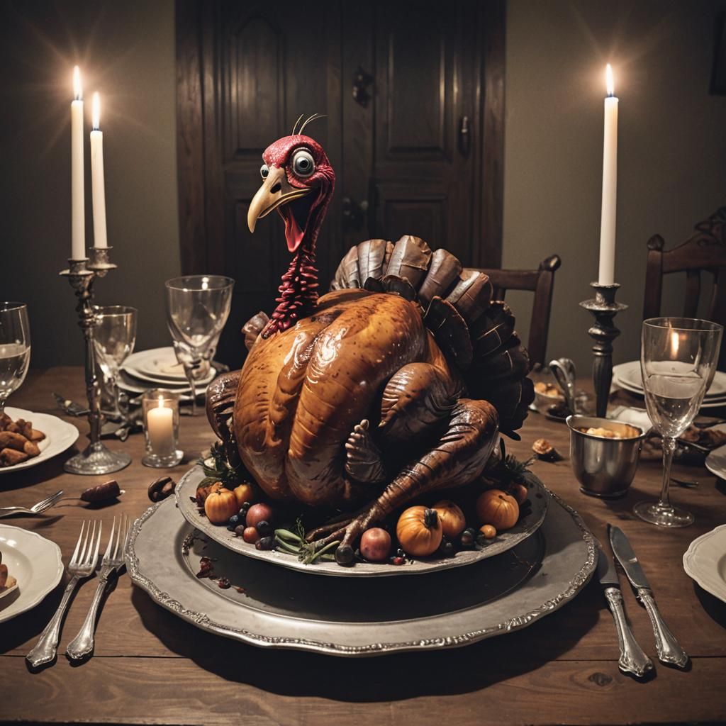 A beautiful wooden table with a scary roasted turkey on it that has googly eyes and a wicked grin on ...  by @Hummingbirdartiste