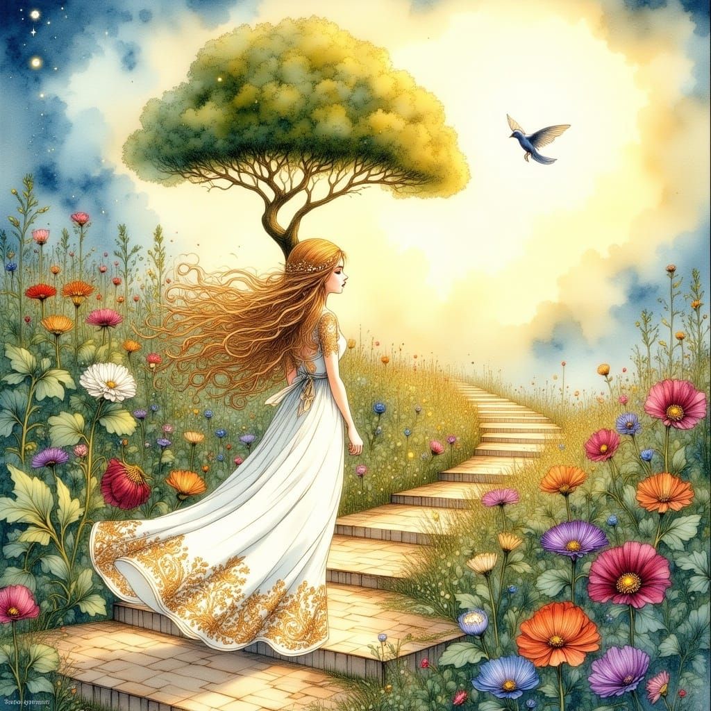 Serene Lady Ascends Shimmering Stairway to Hope and New Begi...