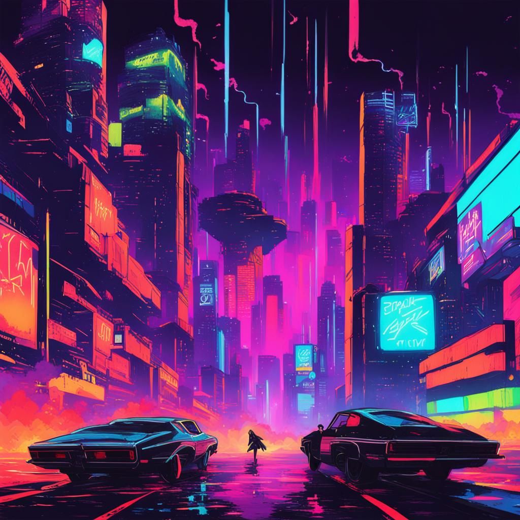 i dont care anymore. splash art, new wave, neon dystopia