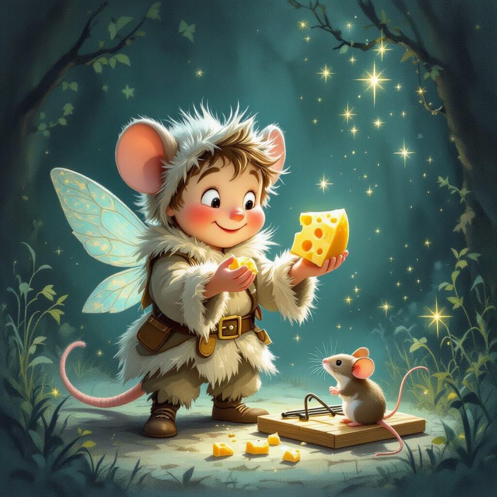 in a dim lit area there is a mouse trap that has been set off with a small stick, by a small man wearing clothes made from mouse fur, he is ...