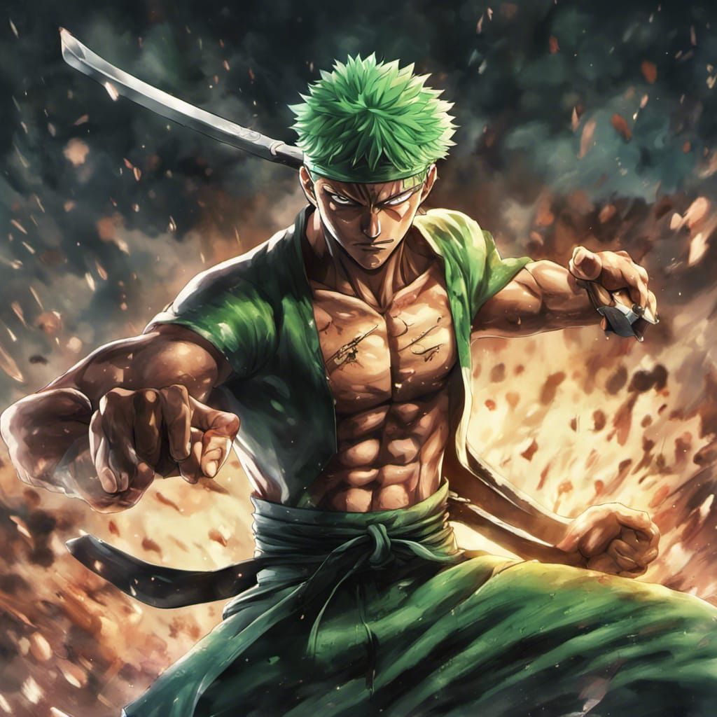 Zoro from one piece standing in fighting stance by artist 