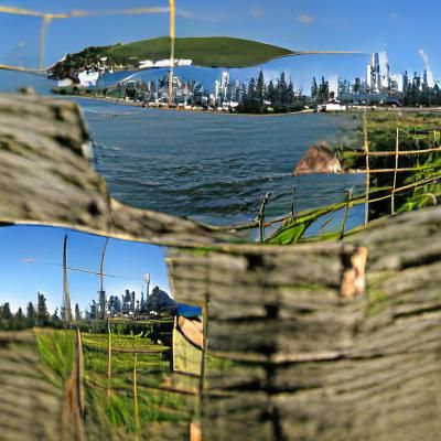 Peeping at the skyline of the shipless bay from the fence, p...