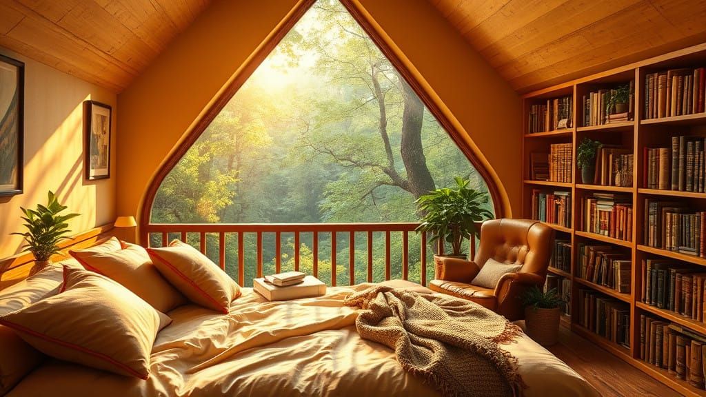 A stunning cinematic photograph of a cozy, enchanting room with a triangular window revealing a breathtaking ...  by @Oleg Varlamoff